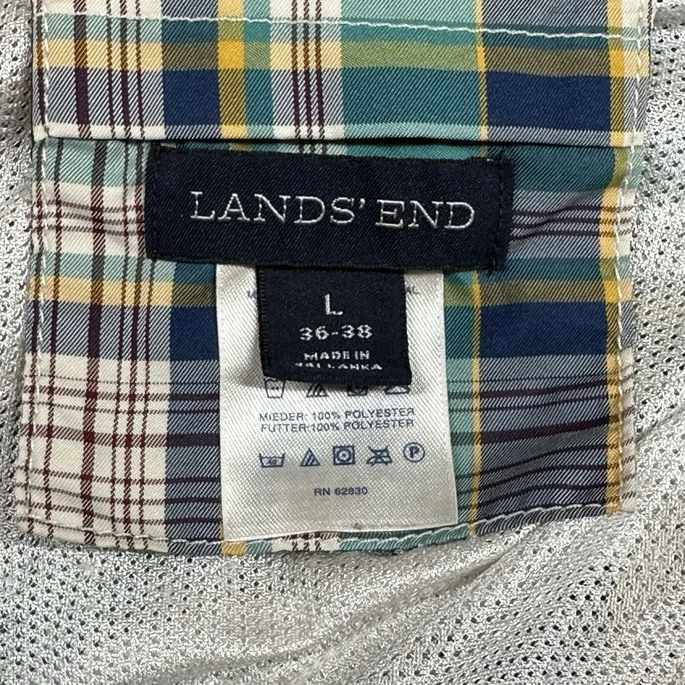 Lands End Swim Trunks Mens L Green Plaid Cargo Pockets Lined 8.5 in Inseam Board